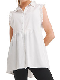 WHITE Sleeveless Poplin Dip Back Frill Shirt - Plus Size 14 to 32