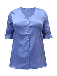BLUE Button Through Short Sleeve Satin Blouse - Plus Size 14 to 26