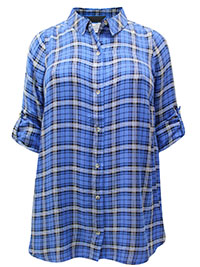 BLUE Pure Cotton Checked Roll Sleeve Shirt - Plus Size 16 to 30/32