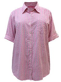 HOT-PINK Short Sleeve Button Down Seersucker Shirt - Plus Size 28/30 (US 2X)