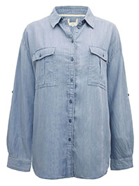 FF LIGHT-DENIM Pure Cotton Roll Sleeve Pocket Shirt - Size 14