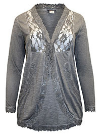 GREY Lace Insert Tie Front Cardigan - Plus Size 18 to 22