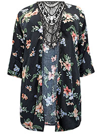 BLACK Floral Crochet Back Kimono - Plus Size 14/16 to 38/40