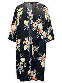 BLACK Floral Print Longline Kimono - Plus Size 14/16 to 38/40