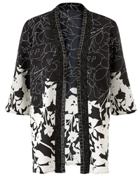 BLACK Bead Embellished Contrast Print Kimono - Plus Size 14 to 24