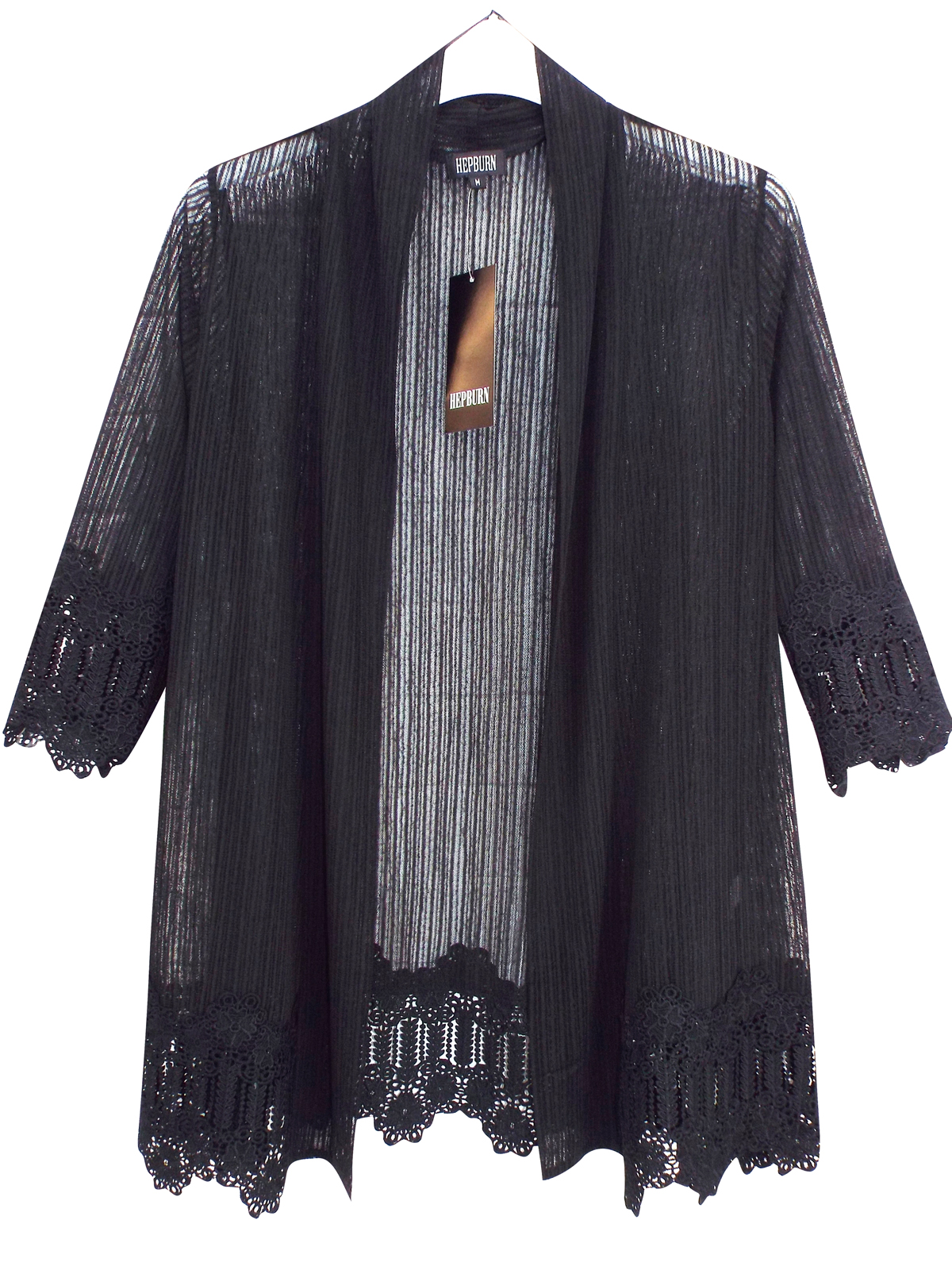 Hepburn - - Hepburn BLACK Crochet Trim Open Front Lace Cardigan - Size