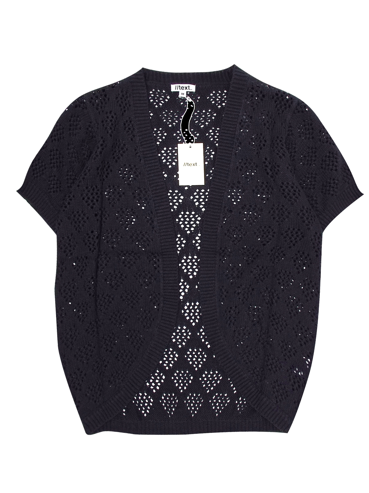 //text.. - - BLACK Short Sleeve Knitted Open Front Cardigan - Size ...