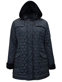 BLACK Fleece Lined Hooded Quilted Coat - Plus Size 22 to 24