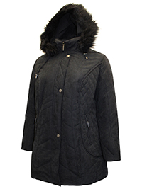 BLACK Detachable Faux Fur Hood Padded Jacket - Plus Size 22 to 28