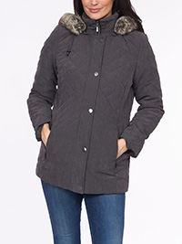 David Barry CHARCOAL Detachable Fur Hood Quilted Jacket - Size 10 to 28