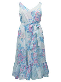 BLUE Aqua Painterly Floral V-Neck Tier Midi Dress - Plus Size 20.22 to 40 (1X to 6X)