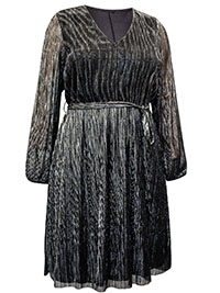 BLACK Blouson Sleeve Belted Metallic Plisse Dress - Plus Size 18 to 22/24