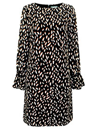 S/DAR BLACK Fleck Print Fluted Cuff Shift Dress - Size 8 to 10