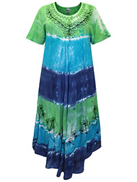 GREEN Embroidered Tie Dye Asymmetric Hem Dress - Size 10 to 24 (EU 36 to 50)