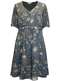 BLUE Floral Print Frill Detail Tea Dress - Size 6 to 18