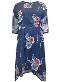 NAVY Floral Print Sheer Sleeve High-Low Dress - Plus Size 22 to 34