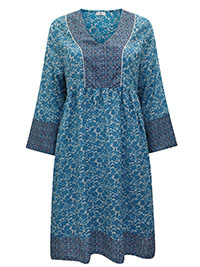 BLUE Mixed Print 3/4 Sleeve Smock Dress - Size 6 to 24