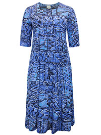 BLUE Abstract Print Belted Midi Dress - Plus Size 14/16 to 26/28 (EU 40/42 to 52/54)