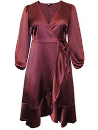 BURGUNDY Blouson Sleeve Satin Frill Wrap Dress - Plus Size 16 to 26