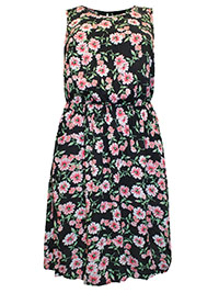 BLACK Sleeveless Floral Print Dress - Plus Size 16 to 38/40