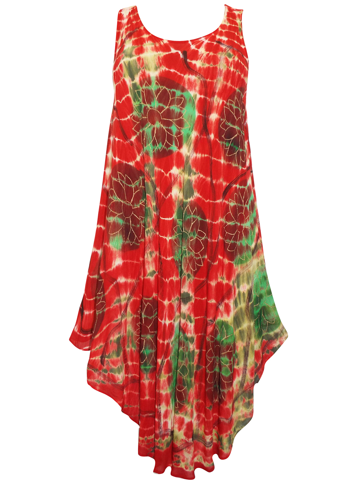 eaonplus Olive/Red Batik Tie-Dye Printed Dipped Hem Sundress - Plus ...