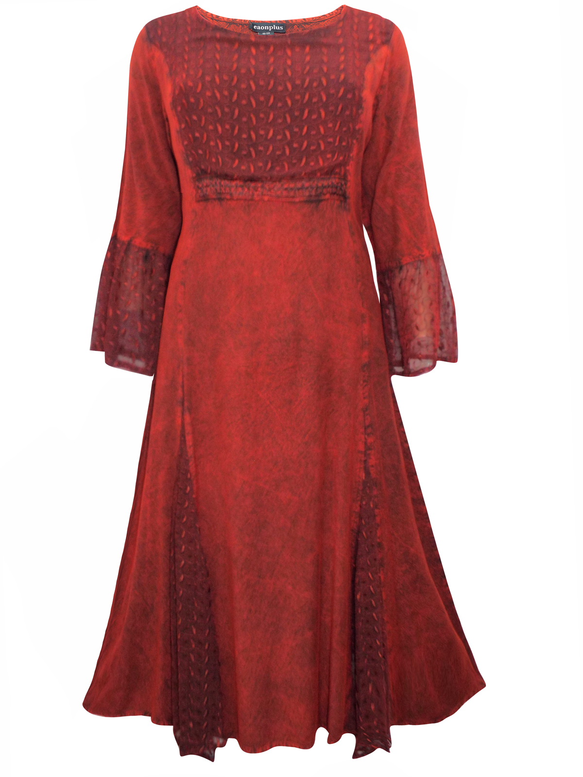 eaonplus ANTIQUE-RED Embroidered Panelled Bell Sleeve Dress - Plus Size ...