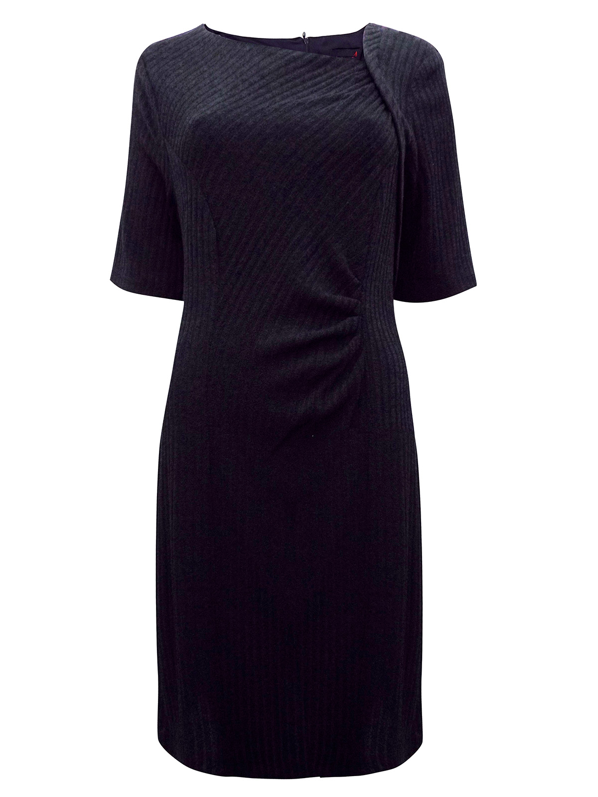 black dress with asymmetrical neckline