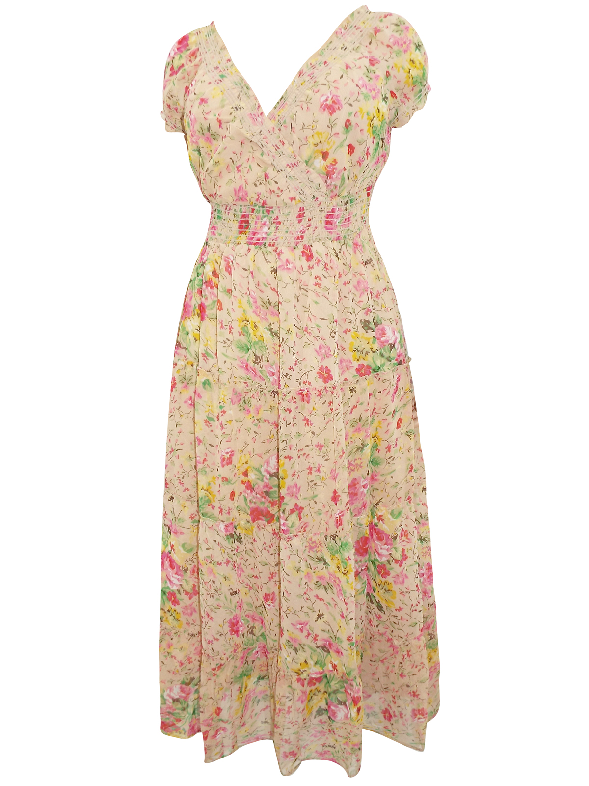 Donna Claire - - DonnaClaire STONE Floral Print Smocked Waist Long ...