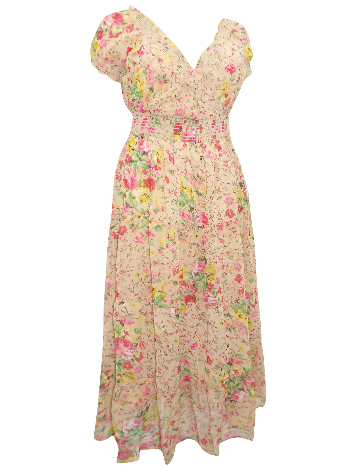 Donna Claire - - DonnaClaire STONE Floral Print Smocked Waist Long