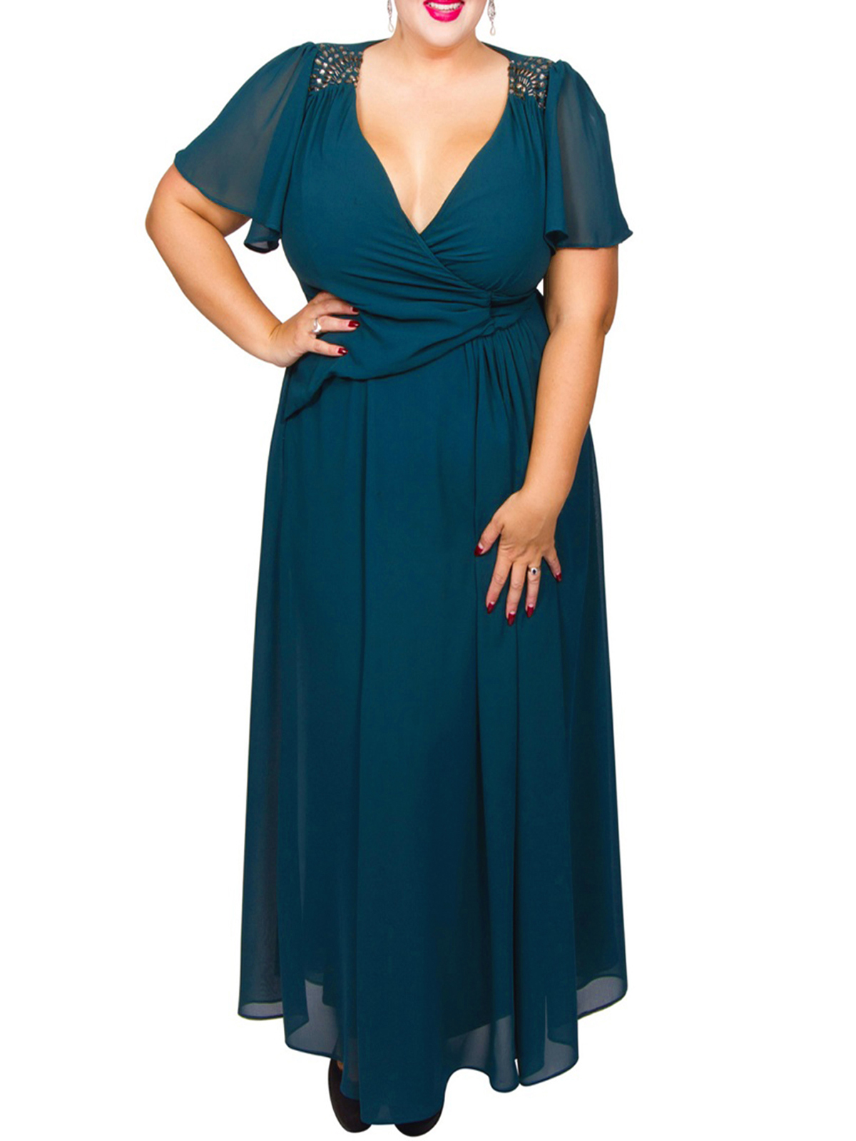 Scarlett & Jo - - Scarlett & Jo TEAL Embellished Shoulder Chiffon Dress ...