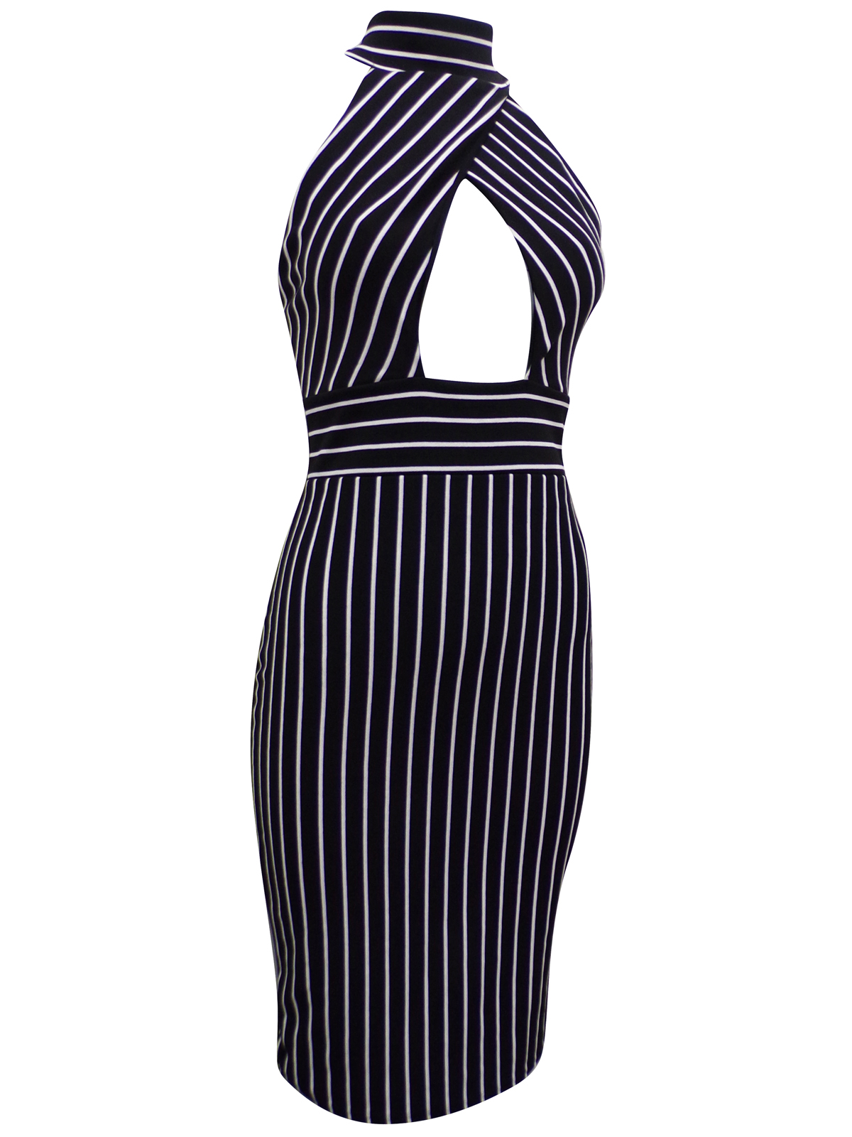 BLACK Slinky Striped Keyhole Bodycon Dress - Size 8 to 12