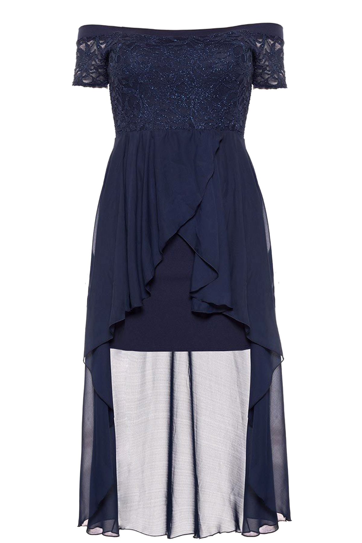quiz navy and silver lace dip hem dress