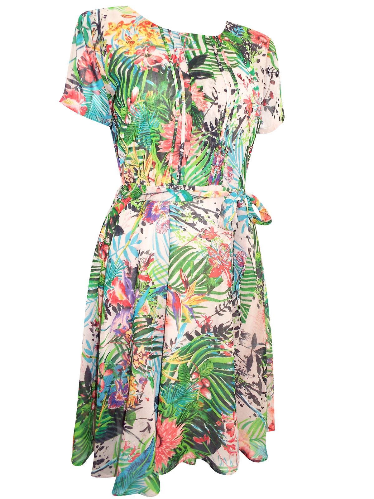 First Avenue GREEN Pleated Palm Print Belted Dress - Size 10 to 20