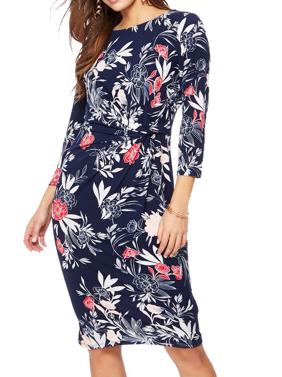 Debenhams - - D3benhams NAVY Floral Print Knee Length Dress - Size 8 to 24