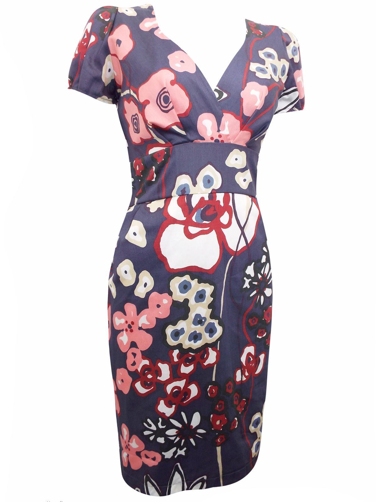 //text.. - - NAVY Pure Cotton Floral Print Tulip Dress - Size 12 to 18