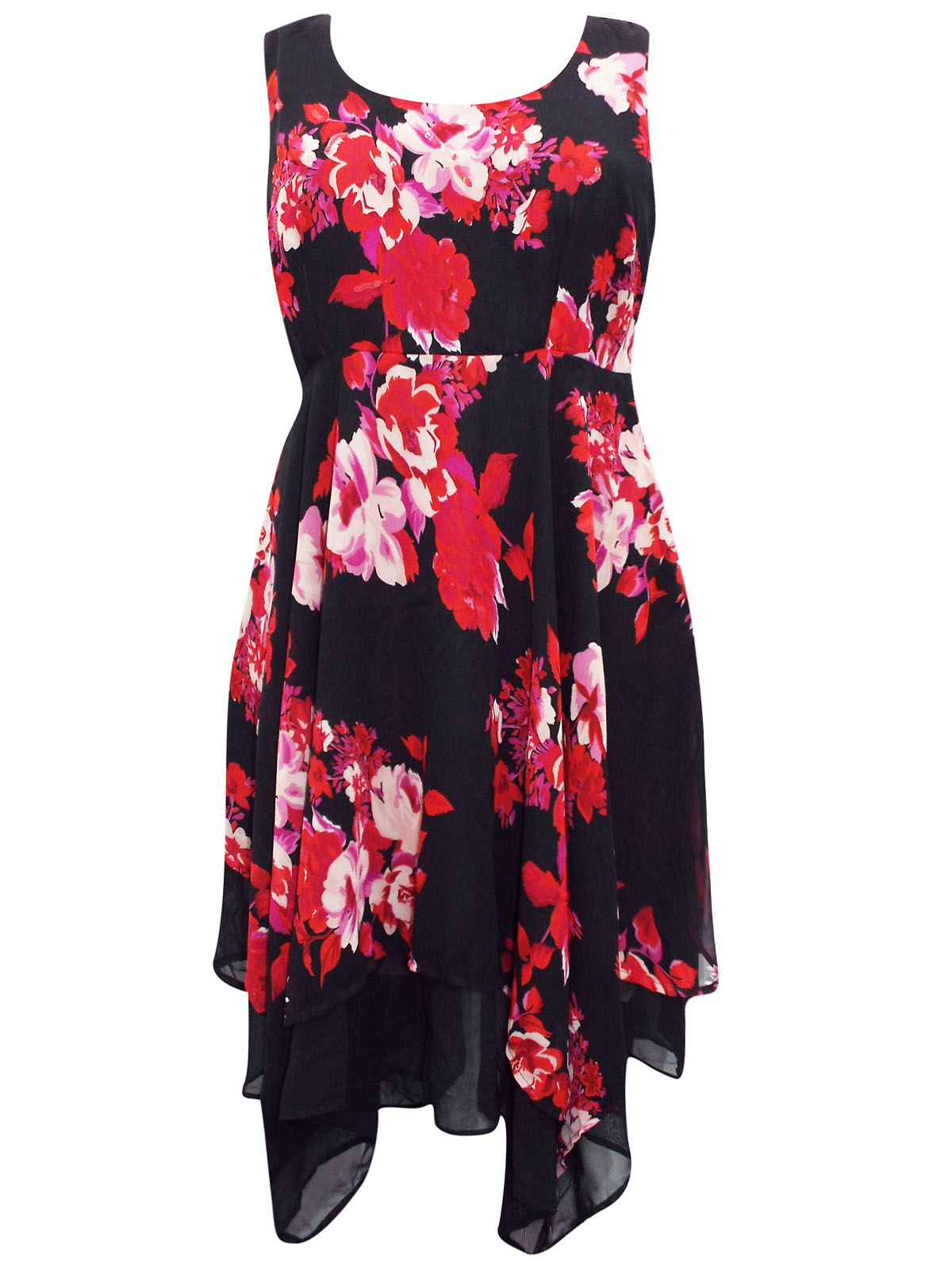 CURVE - - BLACK Floral Print Hanky Hem Dress - Plus Size 12 to 20