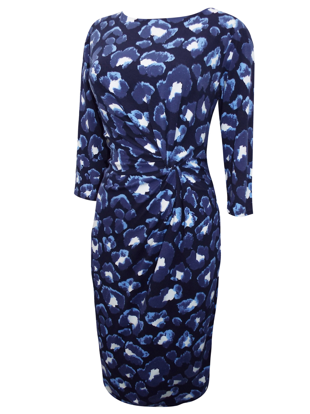 First Avenue NAVY Twist Side Printed Jersey Dress - Size 10 to 20