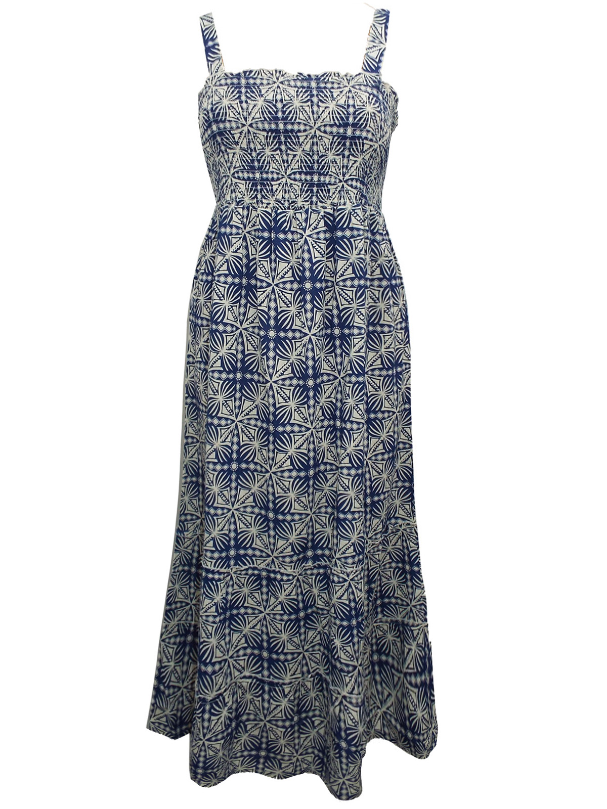 BLUE Pure Cotton Printed Shirred Maxi Dress - Plus Size 14/16 to 30/32