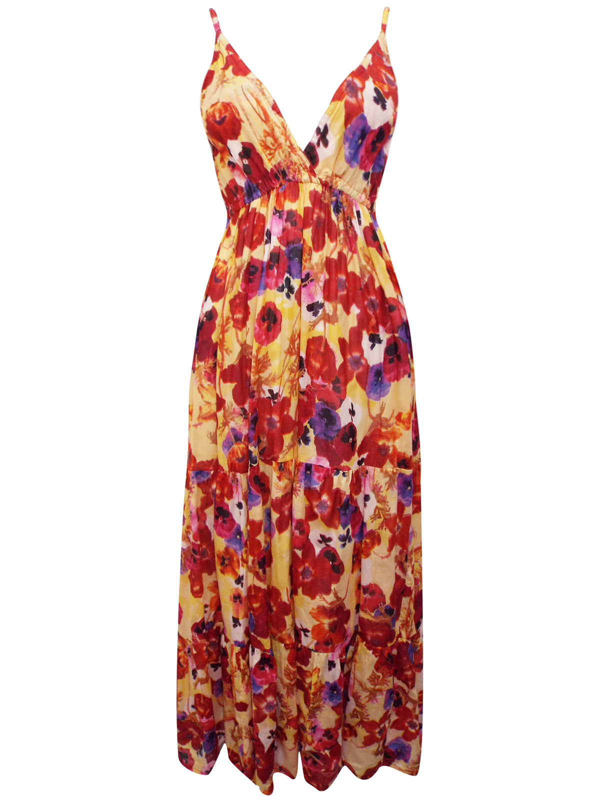 Pistachio - - Pistachio RED Floral Print Tiered Hem Maxi Dress - Size ...