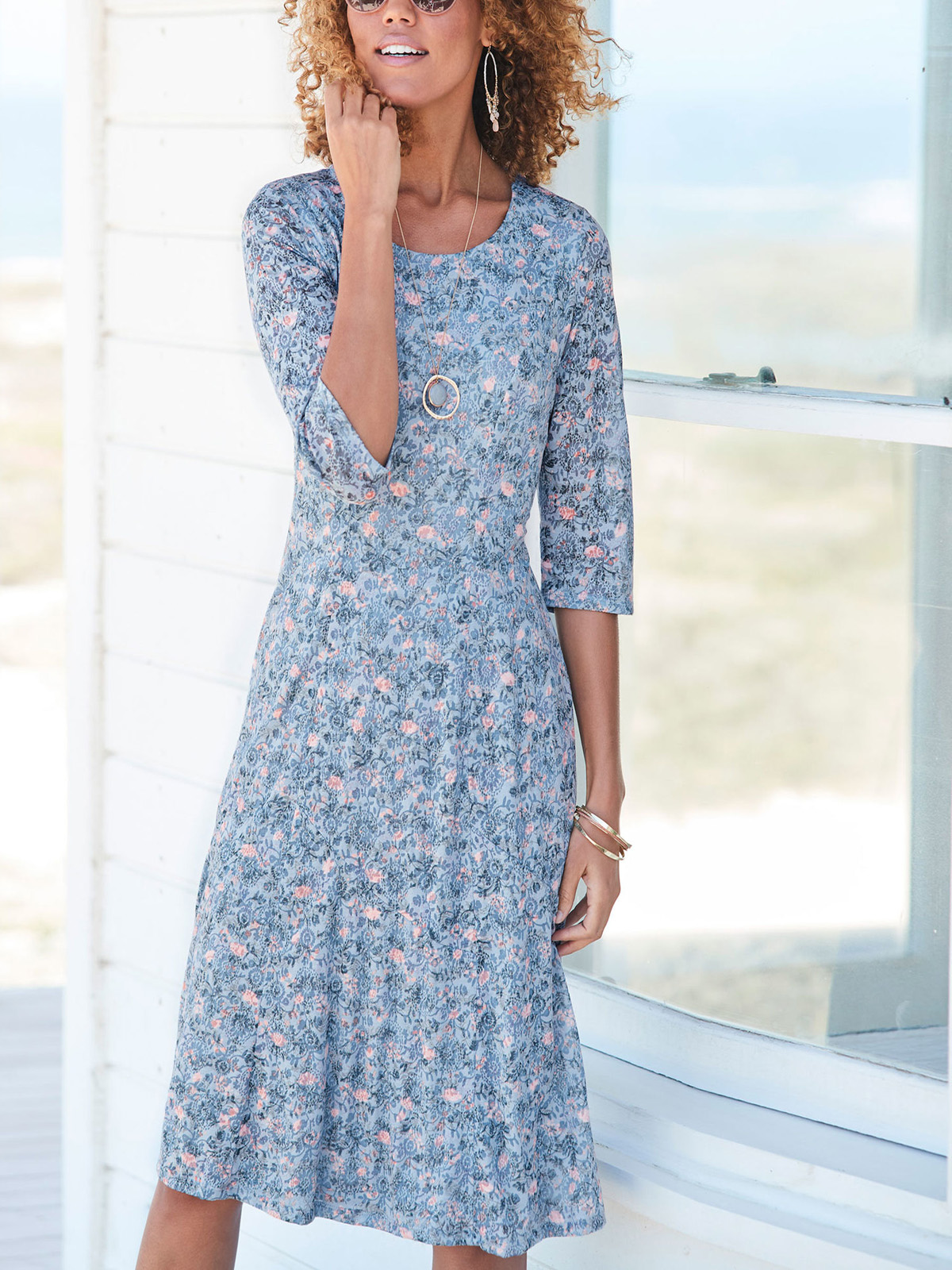 Cotton Traders BLUE Floral Print Burnout Dress - Plus Size 12 to 20