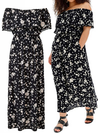 BLACK Floral Print Crinkle Pom Pom Trim Maxi Dress - Plus Size 16 to 32