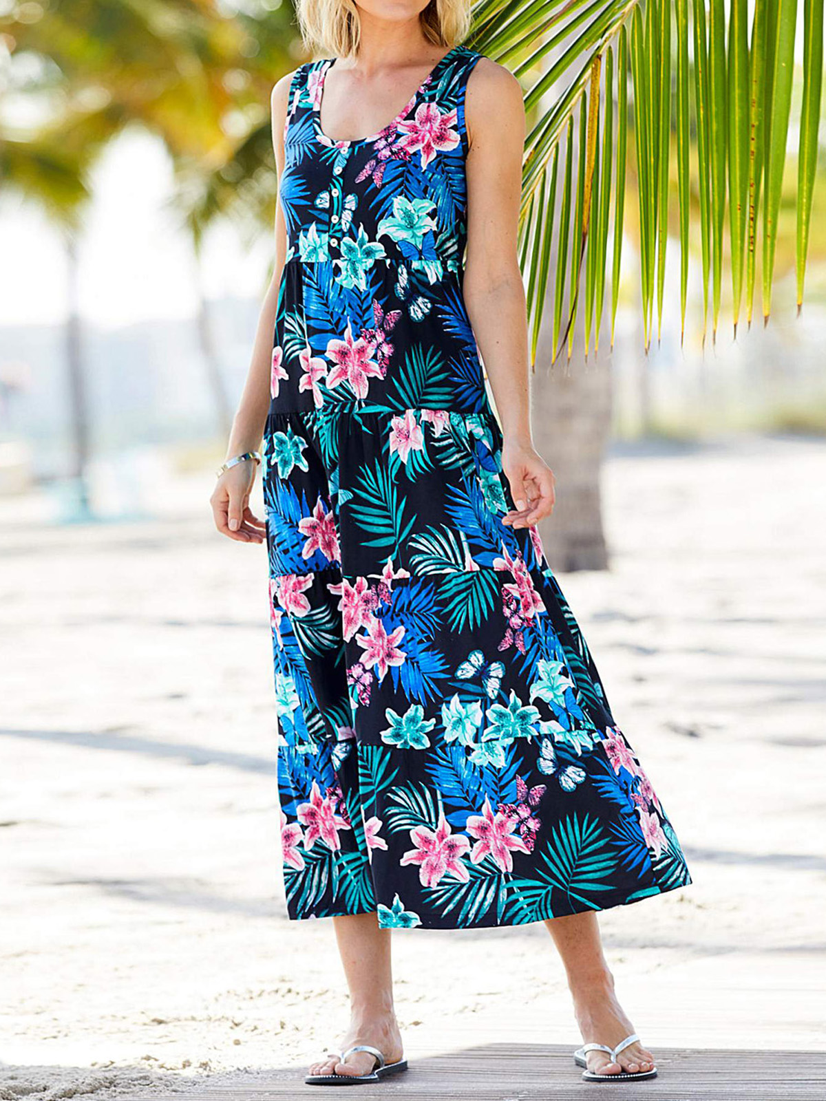 Julipa - - Julipa BLACK Tropical Floral Tiered Maxi Dress - Plus Size 16