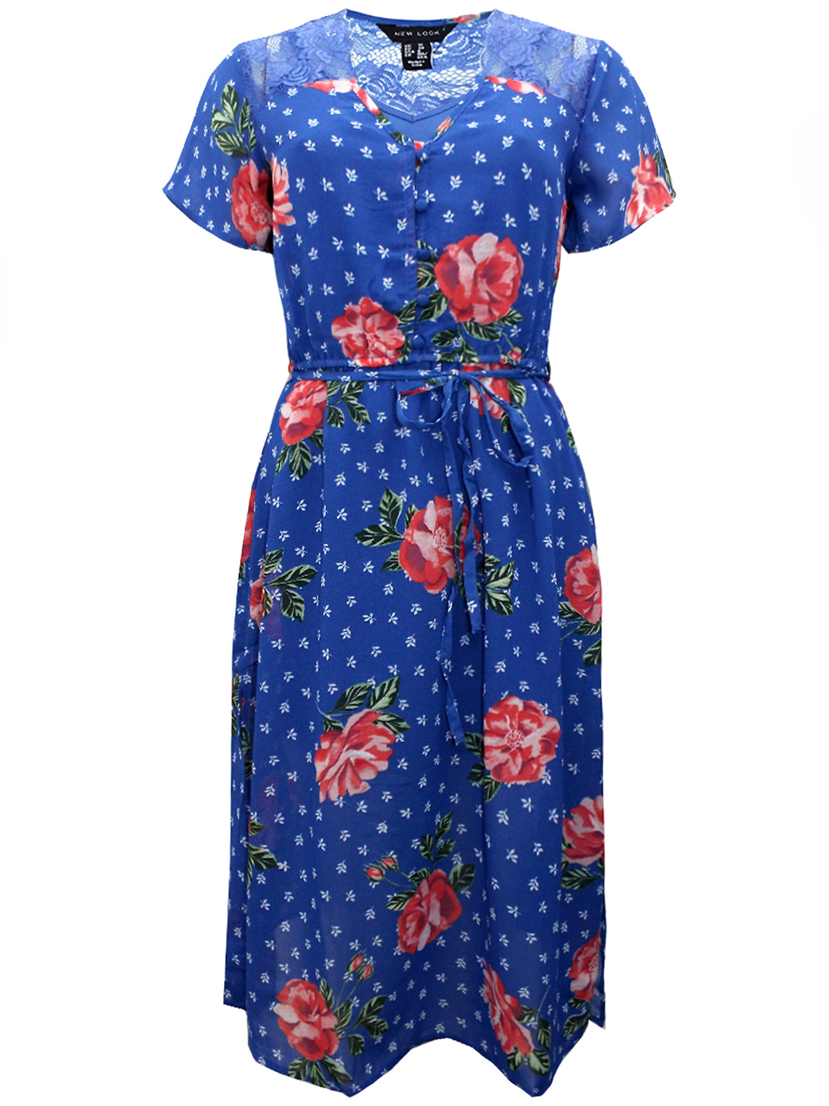 N3W L00K BLUE Lace Yoke Floral Print Midi Dress - Size 6 to 18