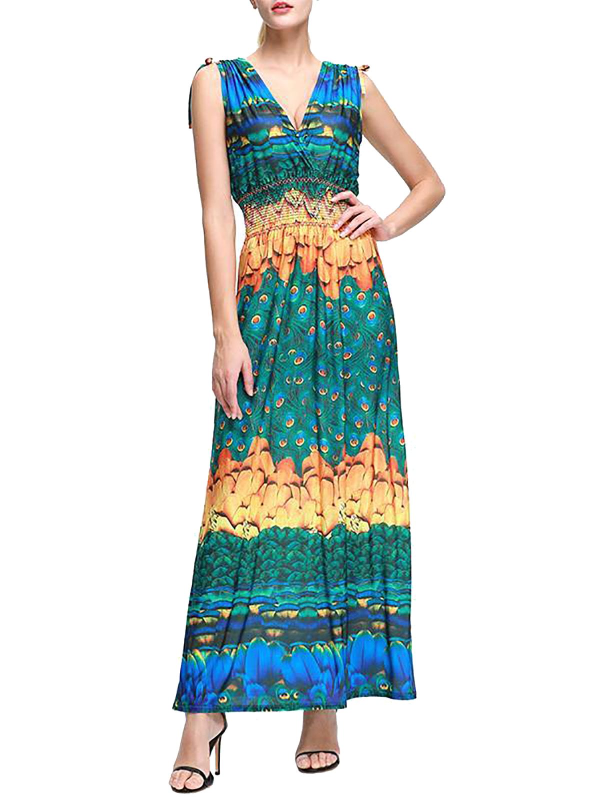 Wantdo - - Wantdo BLUE Peacock Print Sleeveless Maxi Dress - Plus Size ...