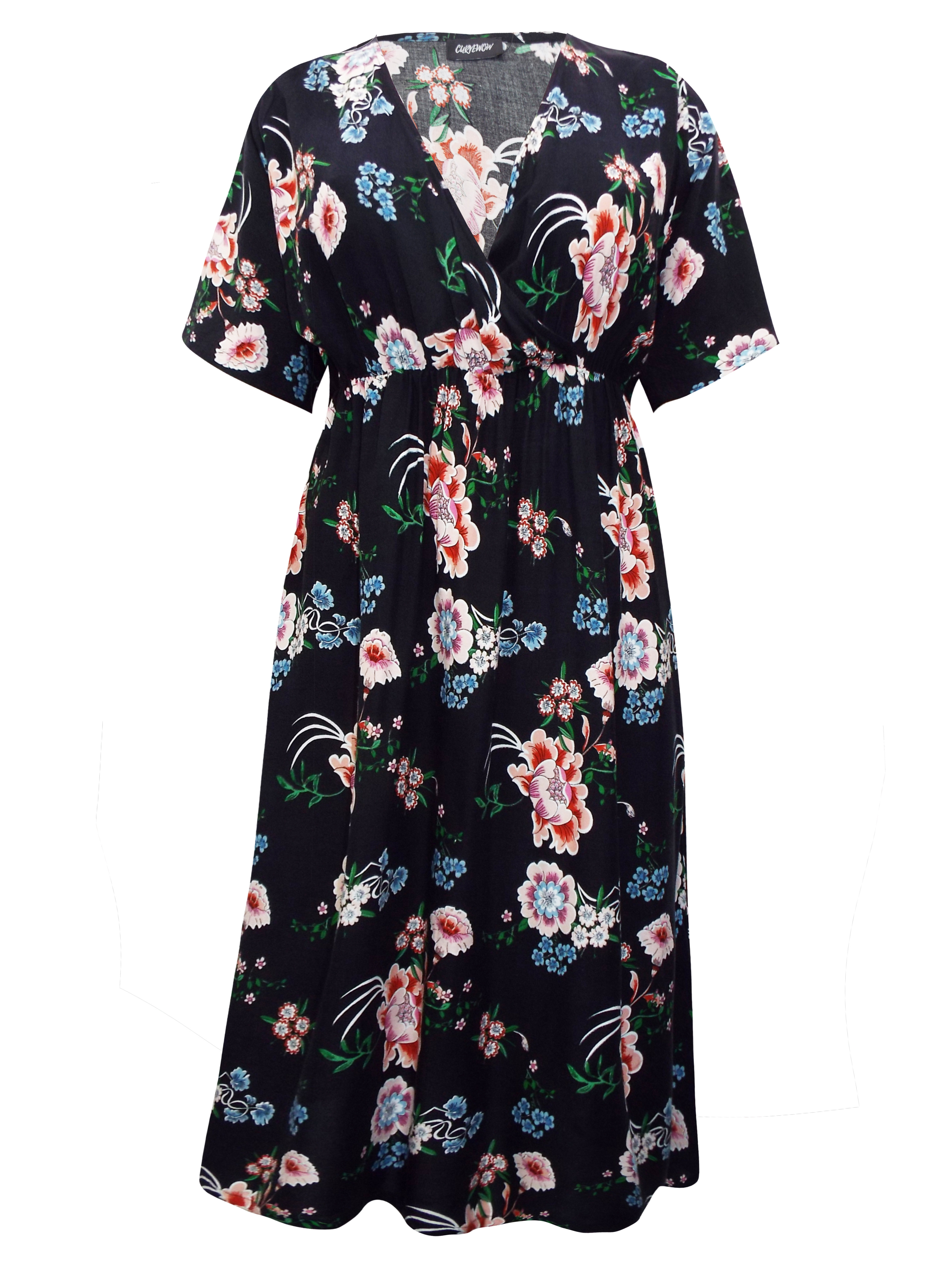 Curvewow - - Curvewow BLACK Floral Kimono Styled Wrap Midi Dress - Plus ...