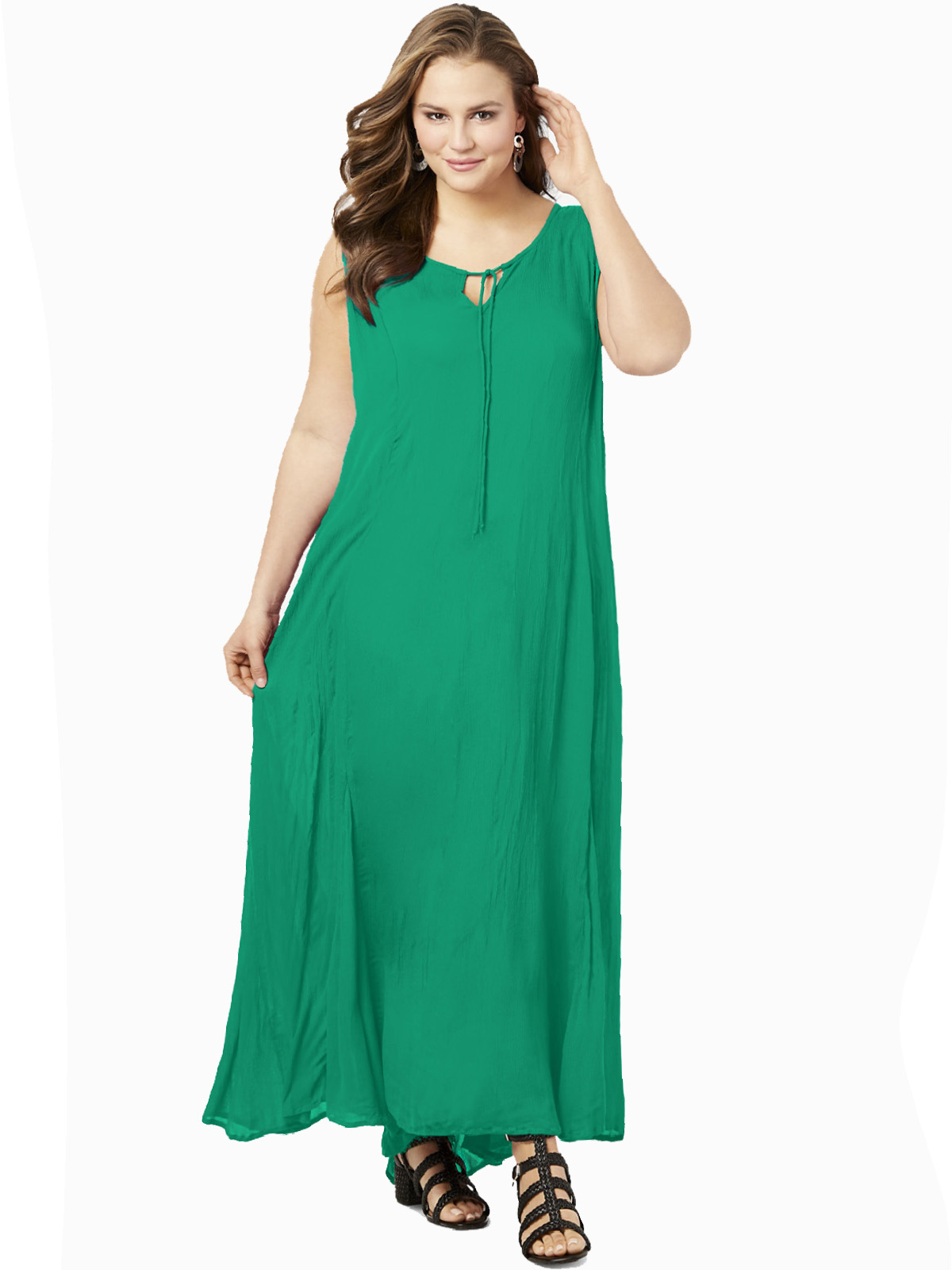 Roaman s Roamans GREEN Sleeveless Tie Neck Crinkle Maxi Dress Plus Size 16 18 to 36 38