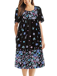BLACK Blossoms Mixed Print Short Lounge Pocket Dress - Plus Size 16/18 to 40/42 (US M to 5X)