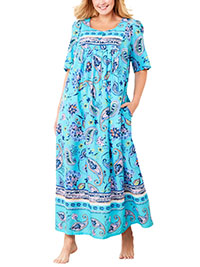 BLUE Mixed Print Long Pocket Lounge Dress - Plus Size 16/18 to 44/46 (US M to 6X)