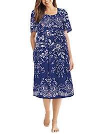 Only Necessities Evening Blue Vines Mixed Print Short Lounge Pocket Dress - Plus Size 16/18 to 40/42 (US M to 5X)
