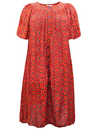 RED Kaleidoscope Print Crinkled Button-Front Patio Dress - Size 6/8 to 22/24 (US S to 2X)